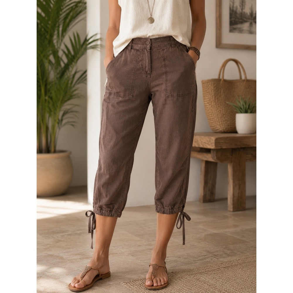 Tommy Bahama Aubrey Fit Brown Linen Cropped Tie Hem Pants Womens 0